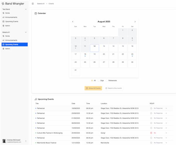 Band Wrangler events dashboard